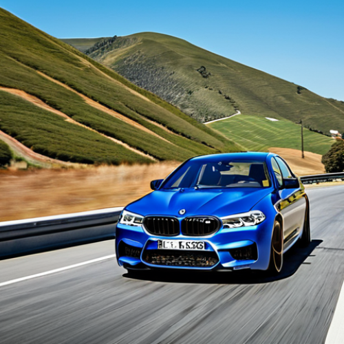 Home 21 Powerful Performance**
"A BMW M5 speeding down a scenic highway during daytime, showcasing its sleek design, fully clothed, appropriate attire, safe for work, professional car photography, motion blur emphasizing speed, background of rolling hills and clear blue sky, perfect anatomy of the car, correct proportions, high quality, family-friendly."
**