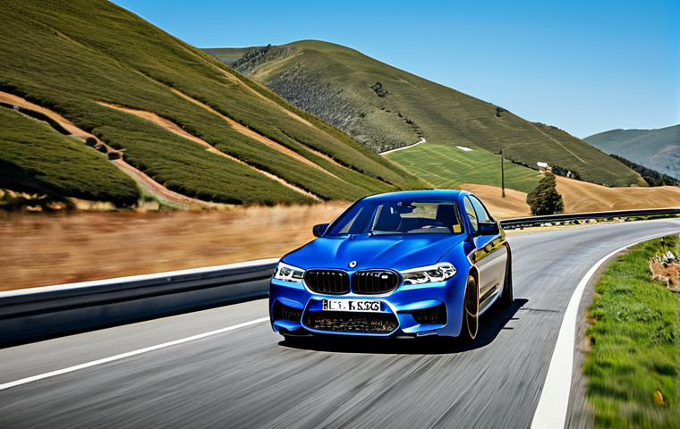 Powerful Performance**

"A BMW M5 speeding down a scenic highway during daytime, showcasing its sleek design, fully clothed, appropriate attire, safe for work, professional car photography, motion blur emphasizing speed, background of rolling hills and clear blue sky, perfect anatomy of the car, correct proportions, high quality, family-friendly."

**
