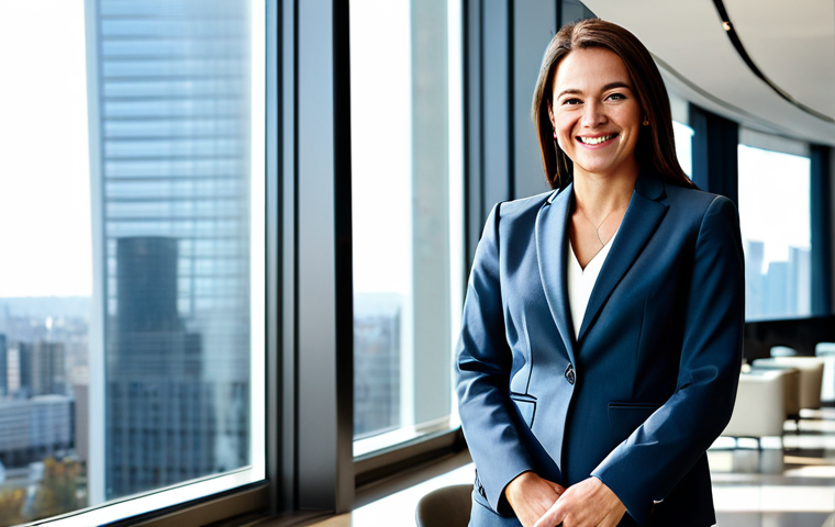 **Subject:** A successful businesswoman standing in a modern office lobby, smiling confidently.
    *   **Clothing:** Wearing a tailored business suit, neutral colors, professional dress.
    *   **Environment:** Bright, open office lobby with contemporary furniture and large windows overlooking a cityscape.
    *   **Quality Modifiers:** Professional photography, sharp focus, natural lighting, perfect anatomy, correct proportions, well-formed hands.
    *   **Safety Modifiers:** Fully clothed, appropriate content, safe for work, modest, family-friendly.